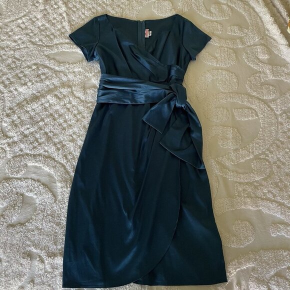 Pinup Couture Ava Faux Wrap Wiggle Dress Turquoise Satin 2X Retro Mad Men Glam - Picture 2 of 10